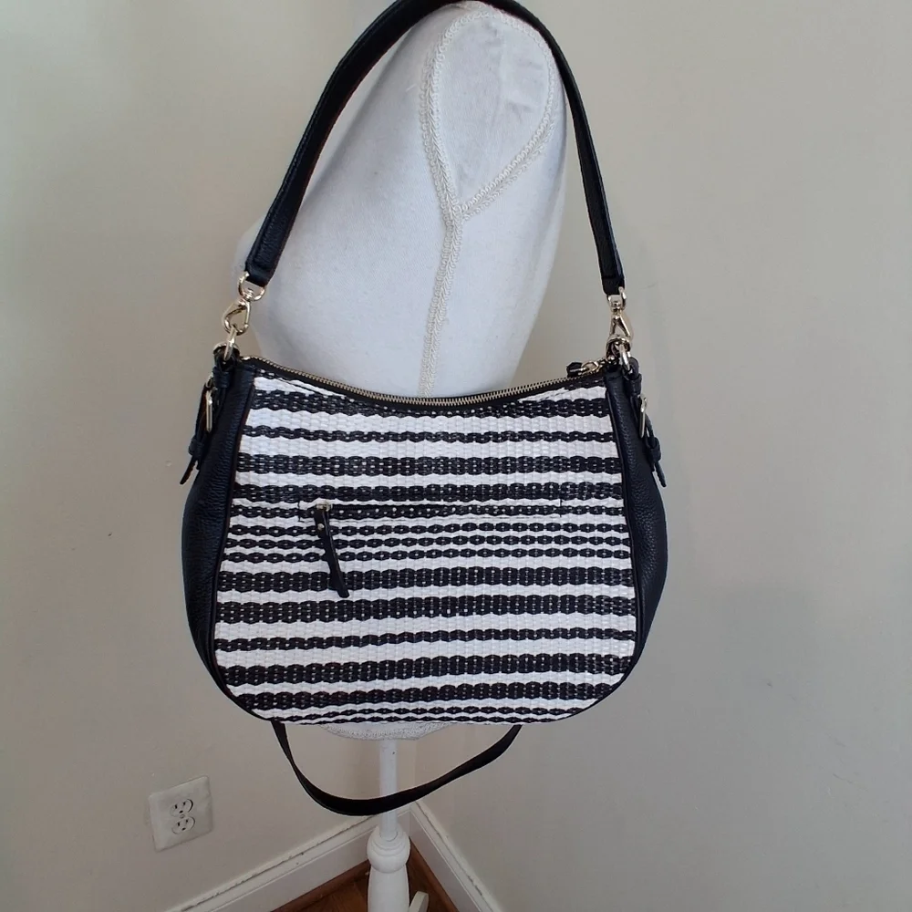 Kate Spade Large Cobble Hill Black Mylie Straw Raffia Hobo Bag NWOT